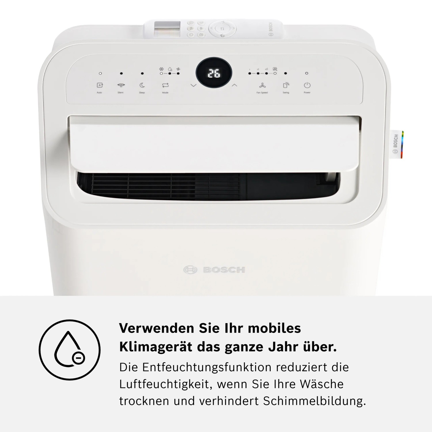 Weißes Bosch Klimagerät Cool 2000 für Räume bis 35 m² mit LED-Display und Fernbedienung.