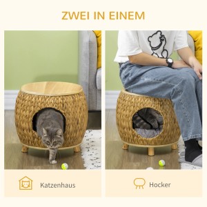 Pawhut Katzenhöhle aus Rattan im 2-in-1 Design: Katzenkorb und Hocker kombiniert.