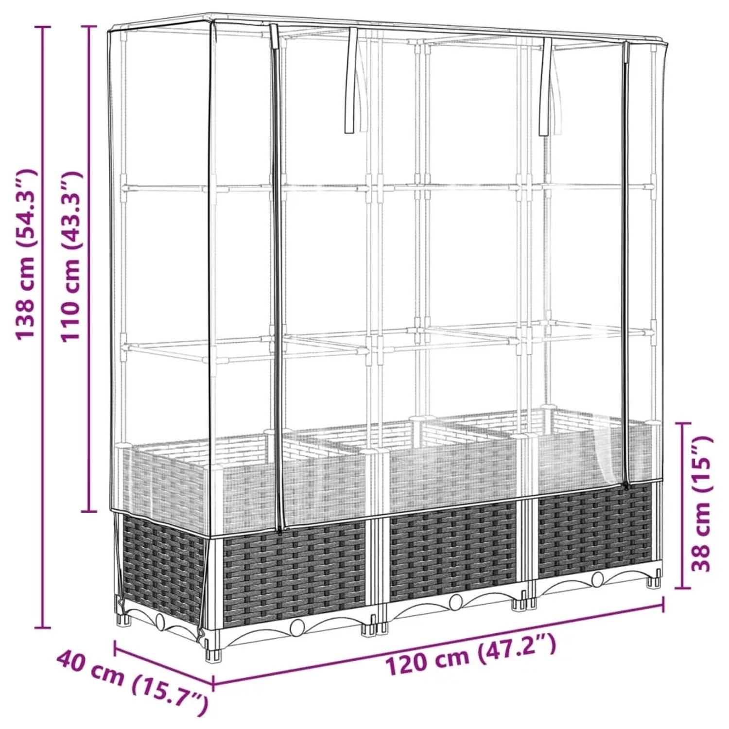 vidaXL Hochbeet mit Gewächshaus-Aufsatz, Rattan-Optik, 120x40x138 cm
