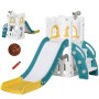 AIYAPLAY Kinderrutsche 4 in 1: weiße Spielburg mit gelber Rutsche, türkisen Akzenten, Basketballkorb, Teleskop. Für Kinder 1-3 Jahre.