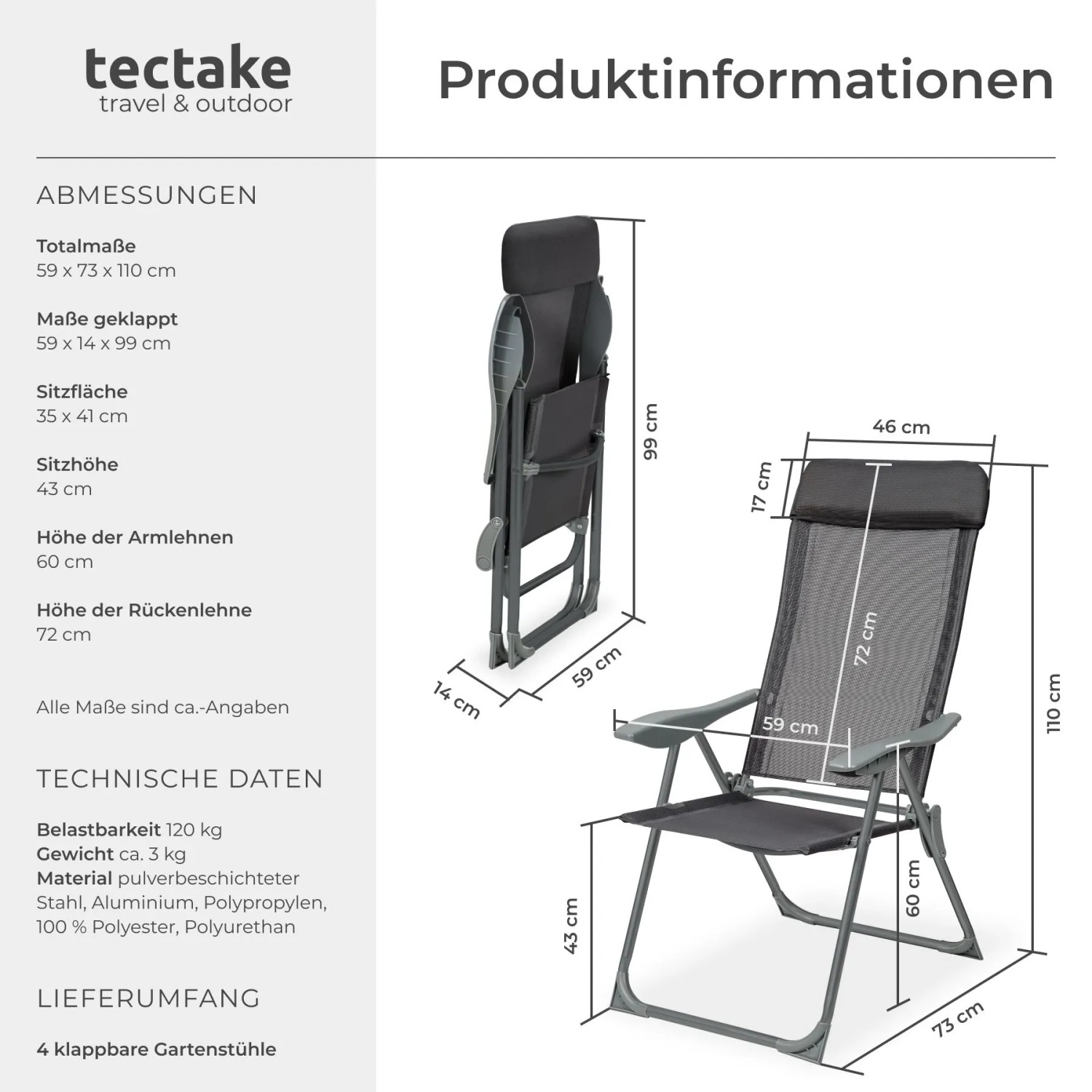 Tectake Aluminium Gartenstuhl Maurine, anthrazit, klappbar, wetterfest. Technisches Diagramm mit Maßen.