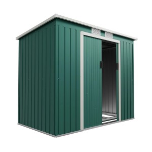 Dunkelgrüner Juskys Metall Geräteschuppen M mit Pultdach und Schiebetür. Gartenhaus für Gartengeräte.