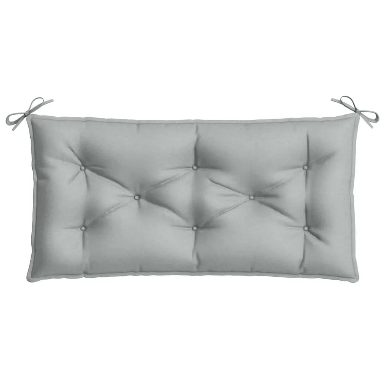 Melange hellgraue Gartenbank-Auflage aus Polyesterstoff, 100x50x7 cm, mit Knopfheftung und Bindeschnüren. Bequemes Sitzkissen.