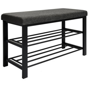 DuneDesign Schuhschrank aus grauem Metall mit gepolsterter Sitzbank und zwei Ablagen. Offenes Schuhregal für Flur & Garderobe.