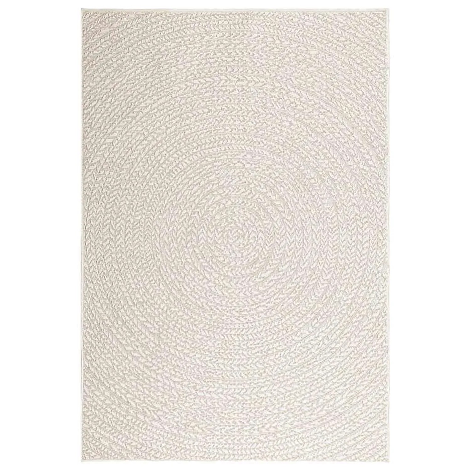 Cremefarbener Outdoor-Teppich (120x170 cm) in Jute-Optik mit rundem Design.