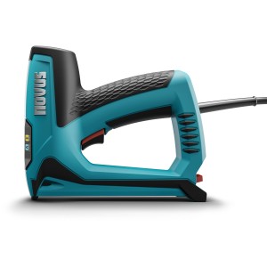 Novus Elektrotacker J-120 in Türkis und Schwarz, ideal für Stoffe und Gewebe.