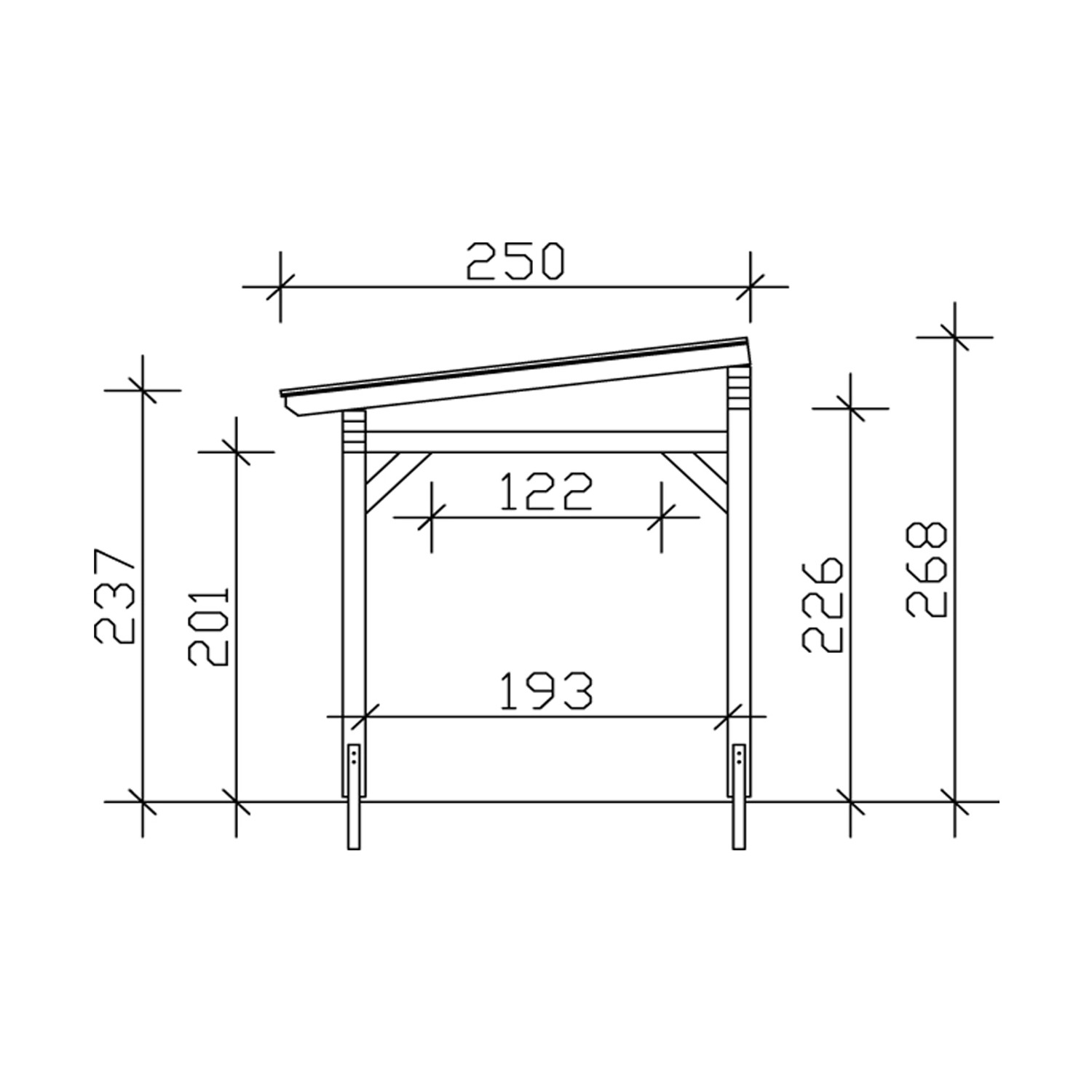 Technische Zeichnung einer Skan Holz Terrassenüberdachung Sanremo, Maße in cm.