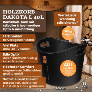 BLACK OAK Holzkorb DAKOTA L 40L mit Handschuhen – Kaminholzkorb aus Kunstleder für Innenbereich Stabil & Elegant in Schwarz