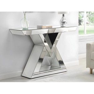 Eleganter Vente-unique Konsolentisch Isida, 120 cm, silberfarben mit Spiegeloberfläche und X-förmigem Gestell.