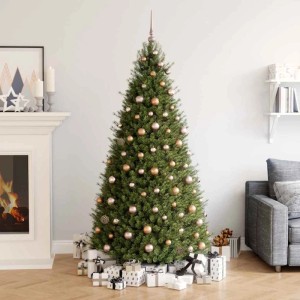 Weihnachtsbaum mit roségoldenen Weihnachtskugeln, passender Spitze und LED-Lichterkette in festlicher Umgebung. 61-tlg. Set.