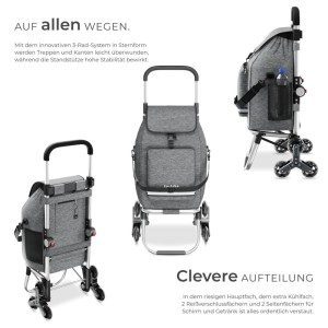 Grauer Tectake Einkaufstrolley Shopper, 3-in-1, klappbar, mit sternförmigen Rädern und praktischen Fächern.