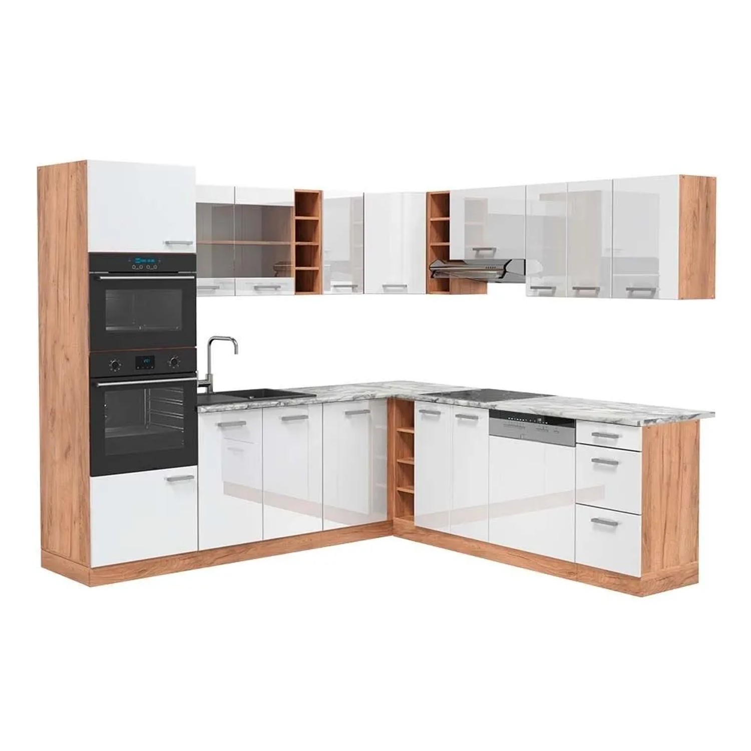 Vicco Eckküche R-Line Weiß Hochglanz/Goldkraft Eiche 247 x 82, AP Marmor