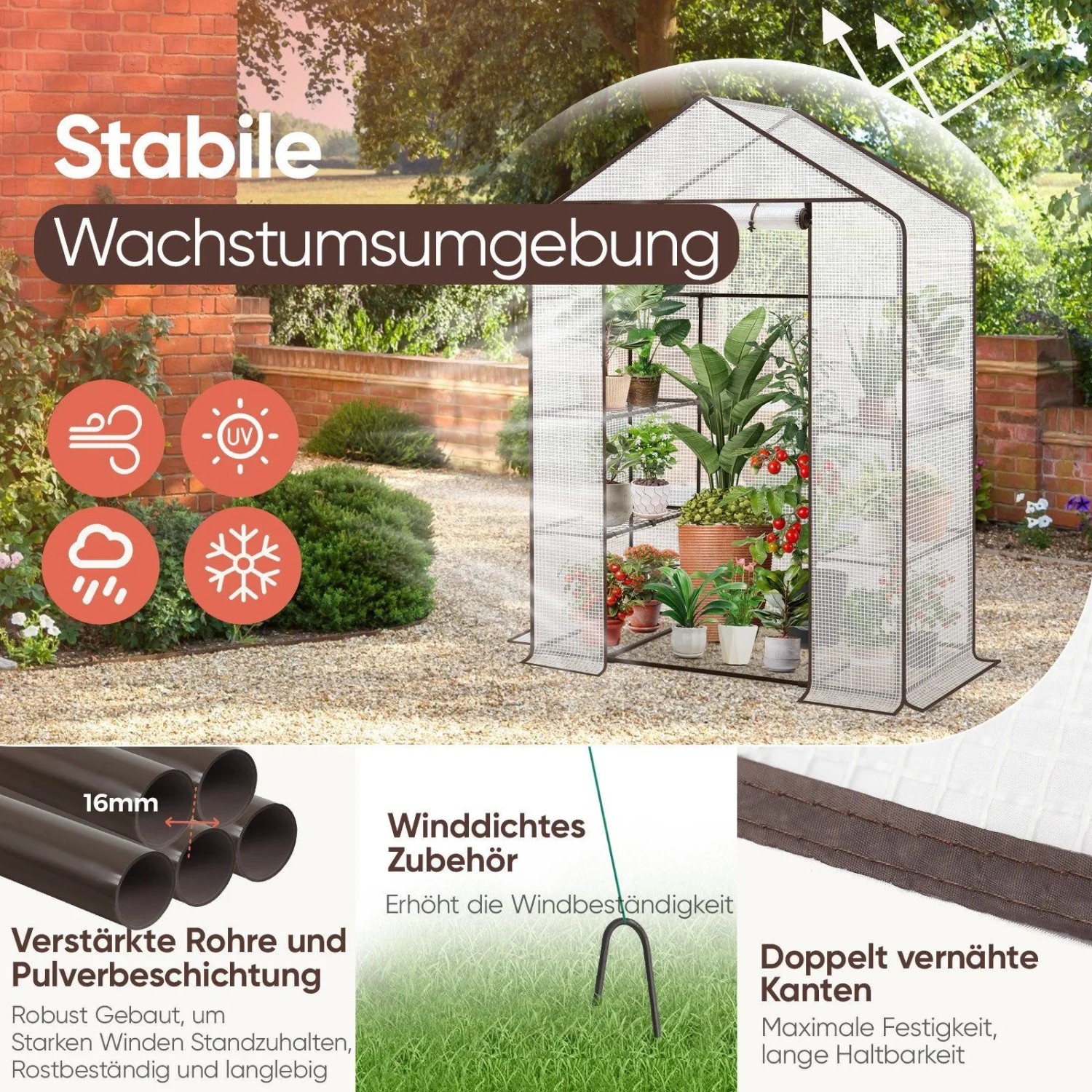 Sekey Foliengewächshaus mit Pflanzen auf Regalen, braunem Rahmen, transparenter Plane. Ideal für Anzucht, Schutz vor Wetter.