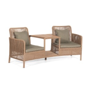 Naturfarbener Duo-Lounge-Sessel Luna aus Aluminium und Olefin mit Tisch und Kissen.