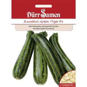 Saatgutpackung Dürr Samen Zucchini Green Tiger F1 mit grün gestreiften Zucchinis.