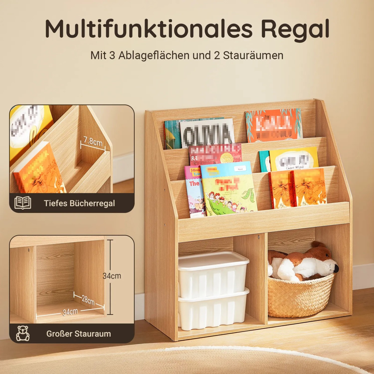 SoBuy Bücherregal Kinderregal mit 3 Ablagefächern und 2 Offenen Fächern KMB01-N_4