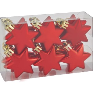 Baumschmuck-Set: 12 rote Sterne (5 cm) aus Kunststoff im transparenten Behälter.