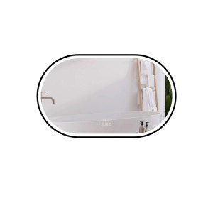 Ovaler Duschparadies Badspiegel schwarz mit LED-Beleuchtung, Uhr und Bluetooth, reflektiert modernes Bad mit Wanne.
