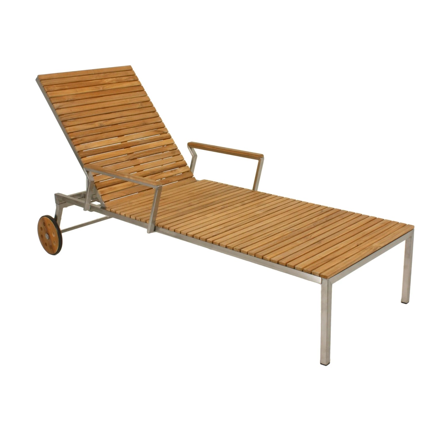 DELUKE Sonnenliege SOFIE Verstellbar Silber Edelstahl Teak Gartenliege mit Rollen Relaxliege Wetterfest