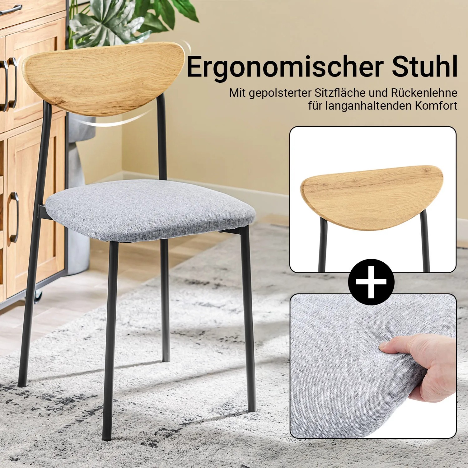 SoBuy Esszimmerstuhl mit grauem Sitzpolster und Rückenlehne aus Holz, Teil der 5-teiligen Essgruppe.