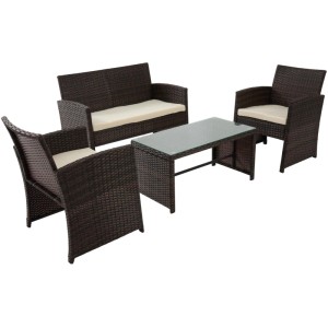 Braune Polyrattan Sitzgruppe Toruba: 2 Sessel, Sofa, Glastisch. Gartenmöbel mit beigen Polstern.