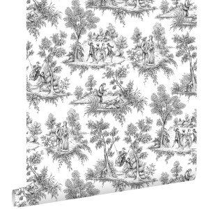 ESTAhome Tapete Toile De Jouy Schwarz, dekorative Vliestapete mit nostalgischem Landschaftsmuster.