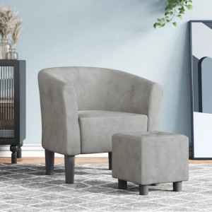 Hellgrauer Clubsessel mit Fußhocker aus Samt. Bequemer Relaxsessel für Wohnzimmer.