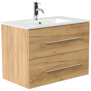 Posseik Badmöbel-Set Homeline 80 in Eiche Gold mit Waschbecken und zwei Schubladen.