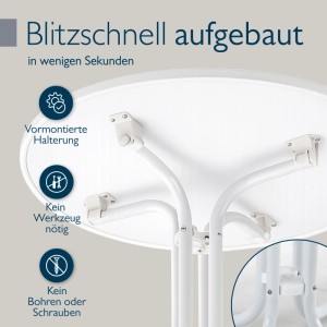 Unterseite des weißen Beautissu Bistrotisches mit Klappmechanismus. Vormontierte Halterung für schnellen, werkzeuglosen Aufbau.