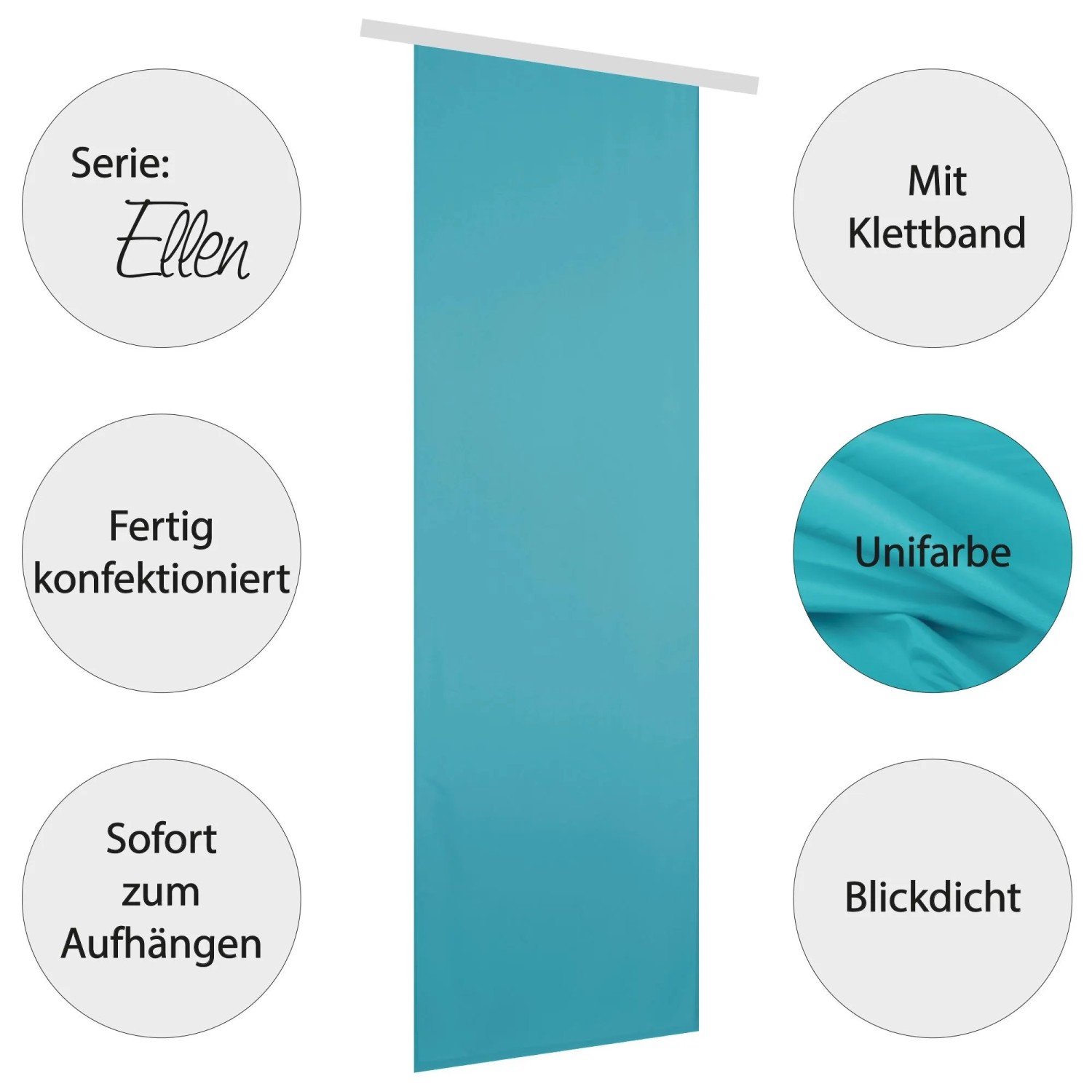 Türkiser Flächenvorhang Ellen (3er-Pack) mit Klettband, blickdicht, für Fensterschmuck.
