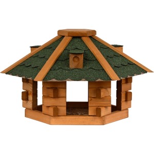 Sechseckiges Dobar Vogelhaus im Blockhaus-Stil aus Holz mit grünem Bitumendach für Wildvögel.