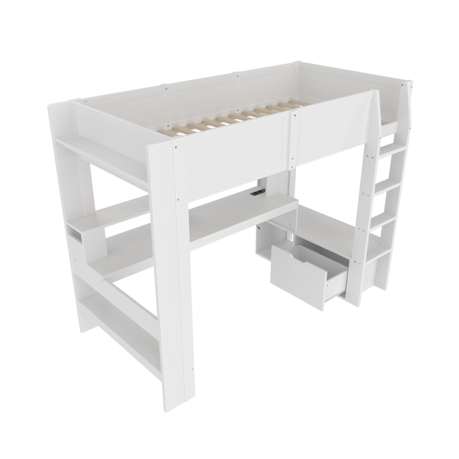 okwish Hochbett 90x200cm mit Schreibtisch und LED Beleuchtung Kinderzimmer Weiß ohne Matratze