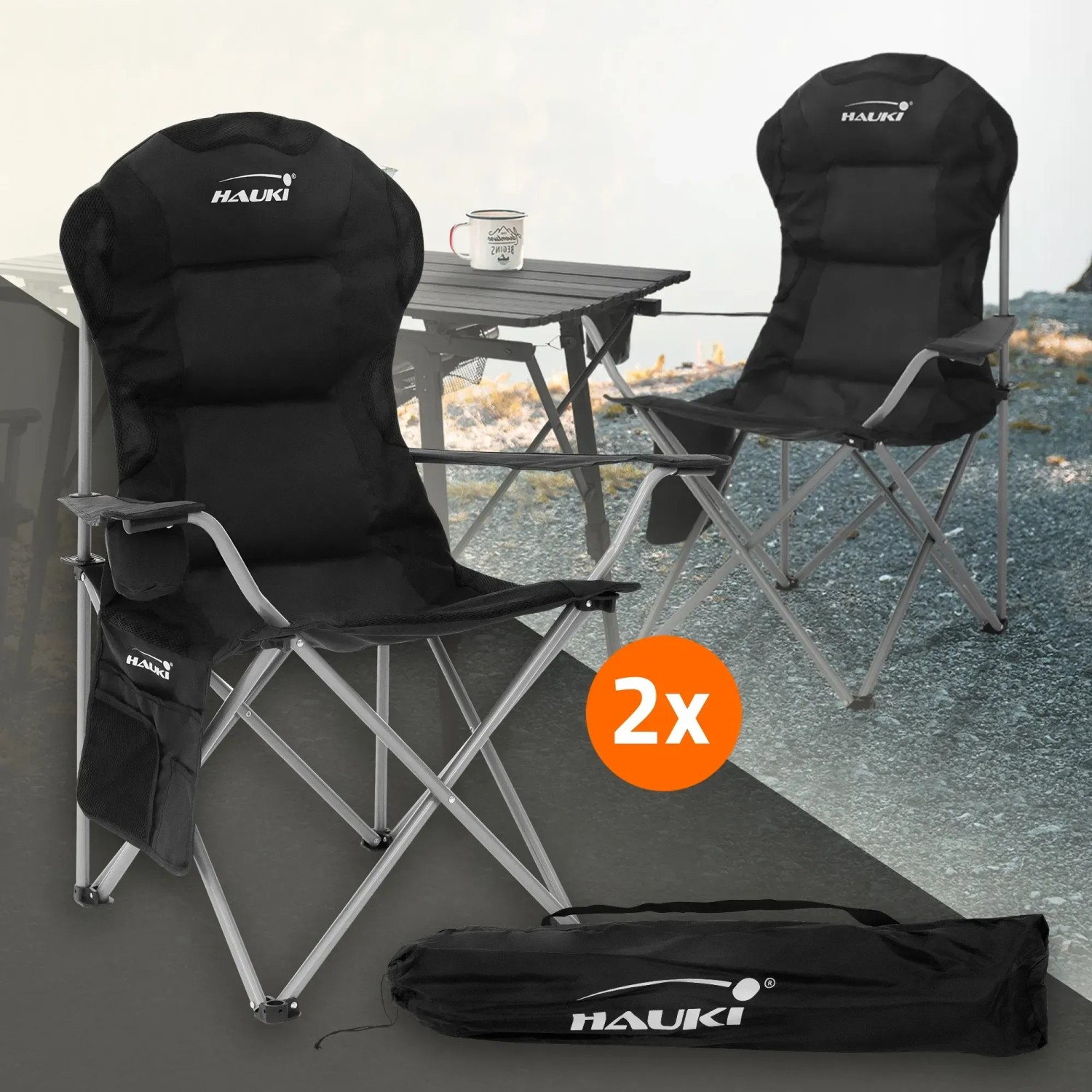 Hauki Campingstuhl 2er Set, faltbar, schwarz, bis 150kg, wetterfest, mit Tragetasche.