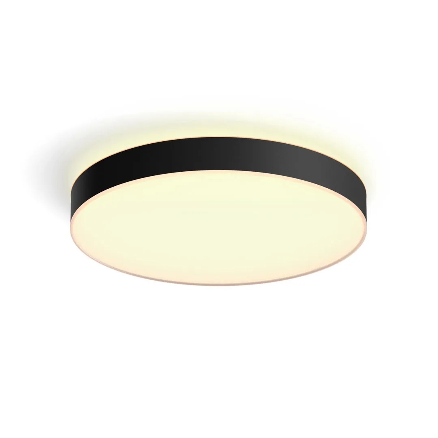 Schwarze Philips Hue Enrave XL Deckenleuchte mit Dimmer und warmweißem Licht.