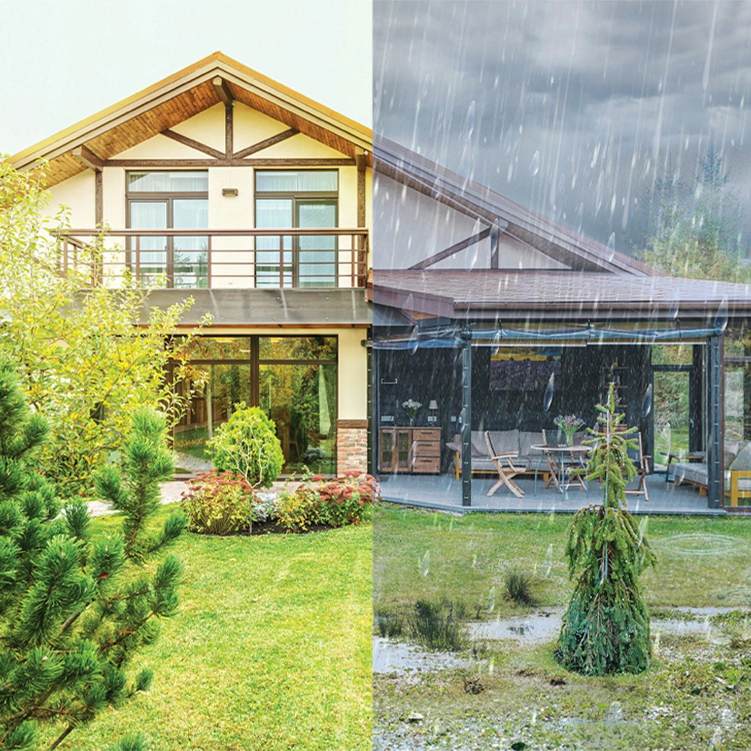 Philips Lois LED-Außenstrahler in Anthrazit, Vergleich: sonniges vs. regnerisches Wetter.