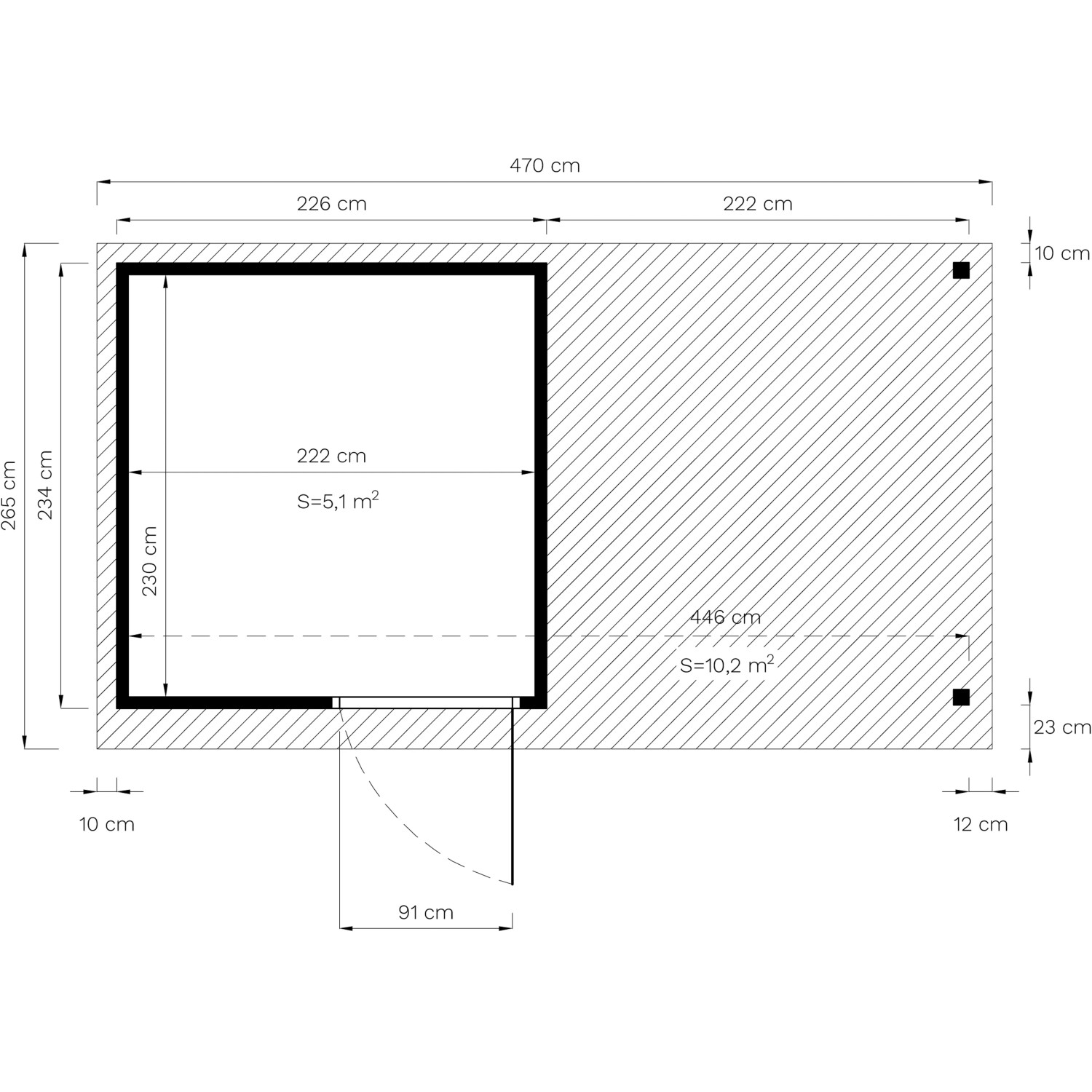 Grundriss Bertilo Gartenhaus Pentus 2 Lounge, 234x447 cm, grau, mit Maßen.
