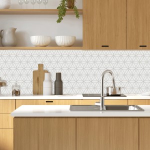 MySpotti Küchenrückwand Profix Cucina Kini, 100x60 cm, Creme-Grau, mit geometrischem Muster.