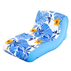 Bestway Poolliege Blissful Drifter mit blauem Blumenmuster und Getränkehalter.