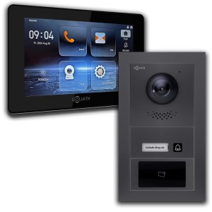 Goliath IP Video Türsprechanlage mit 7 Zoll Monitor, Kamera und RFID in Schwarz und Anthrazit.