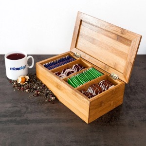 Relaxdays Teebox Bambus Natur Verschließbar Lackiert mit 4 Fächern 9 cm x 27,5 cm x 15,5 cm 0,8 kg