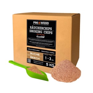 PINI Räucherchips Buche 5 kg, 1-3 mm, in Kartonbox mit losem Holz und grüner Schaufel. Für Grill & Smoker.