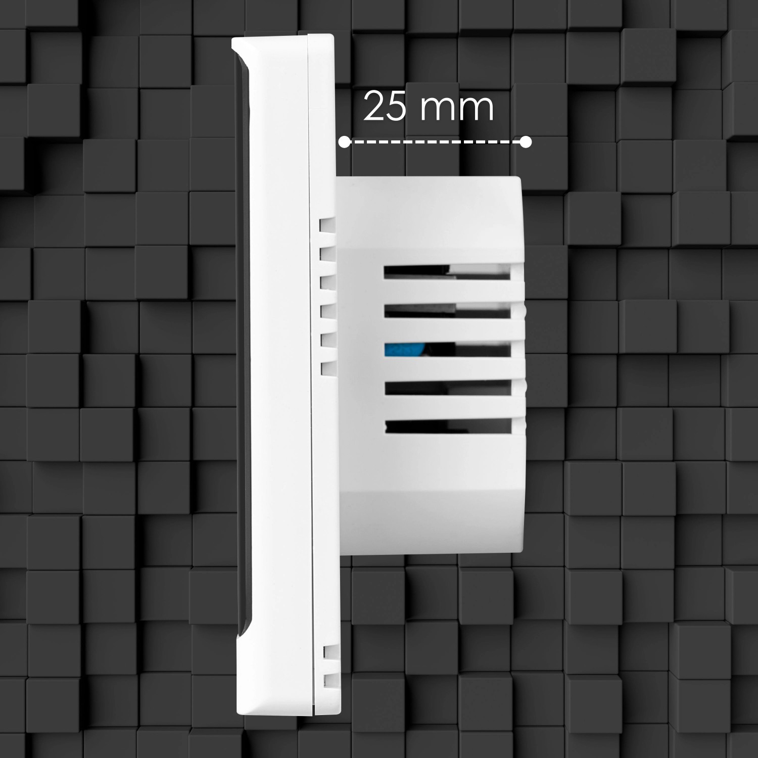 Seitenansicht des weißen Echos Eco-4180 WLAN-Thermostats für Fußbodenheizung.