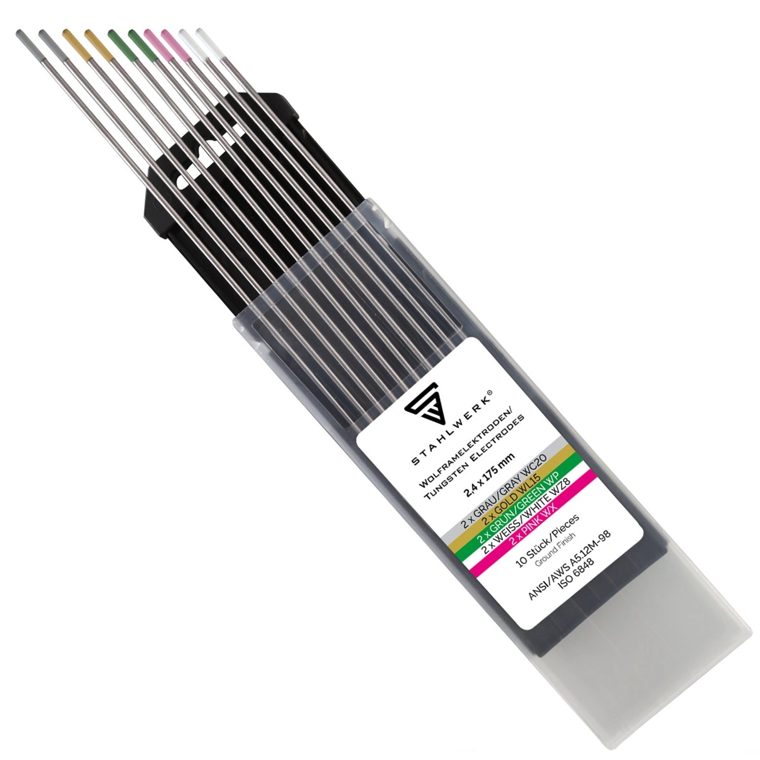 STAHLWERK Wolframelektroden Gold, Grau, Pink, Weiß, Grün 2,4 mm Set 4099