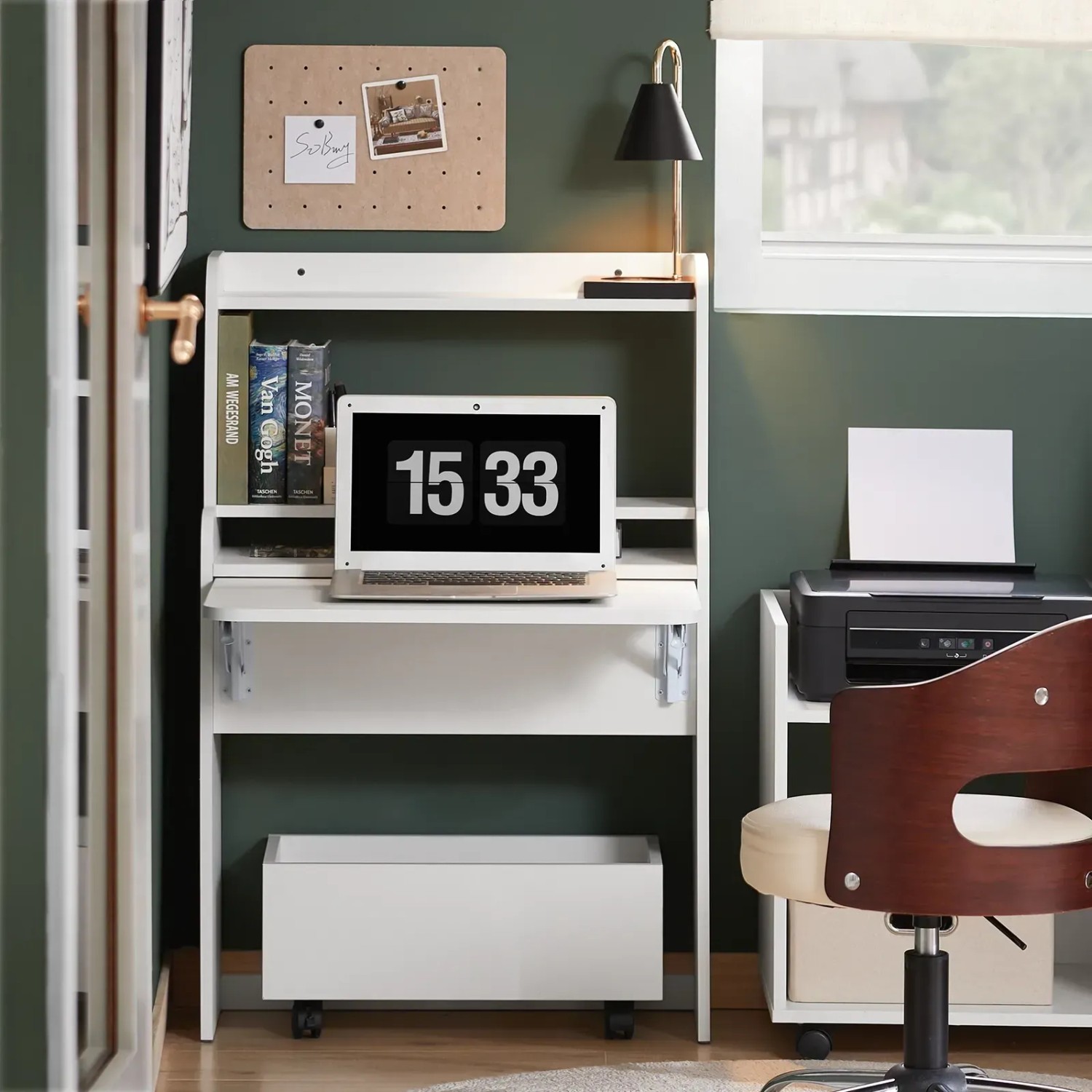 SoBuy Klappbarer Schreibtisch FWT105-W, weiß, mit Ablagen und Rollwagen für Homeoffice.