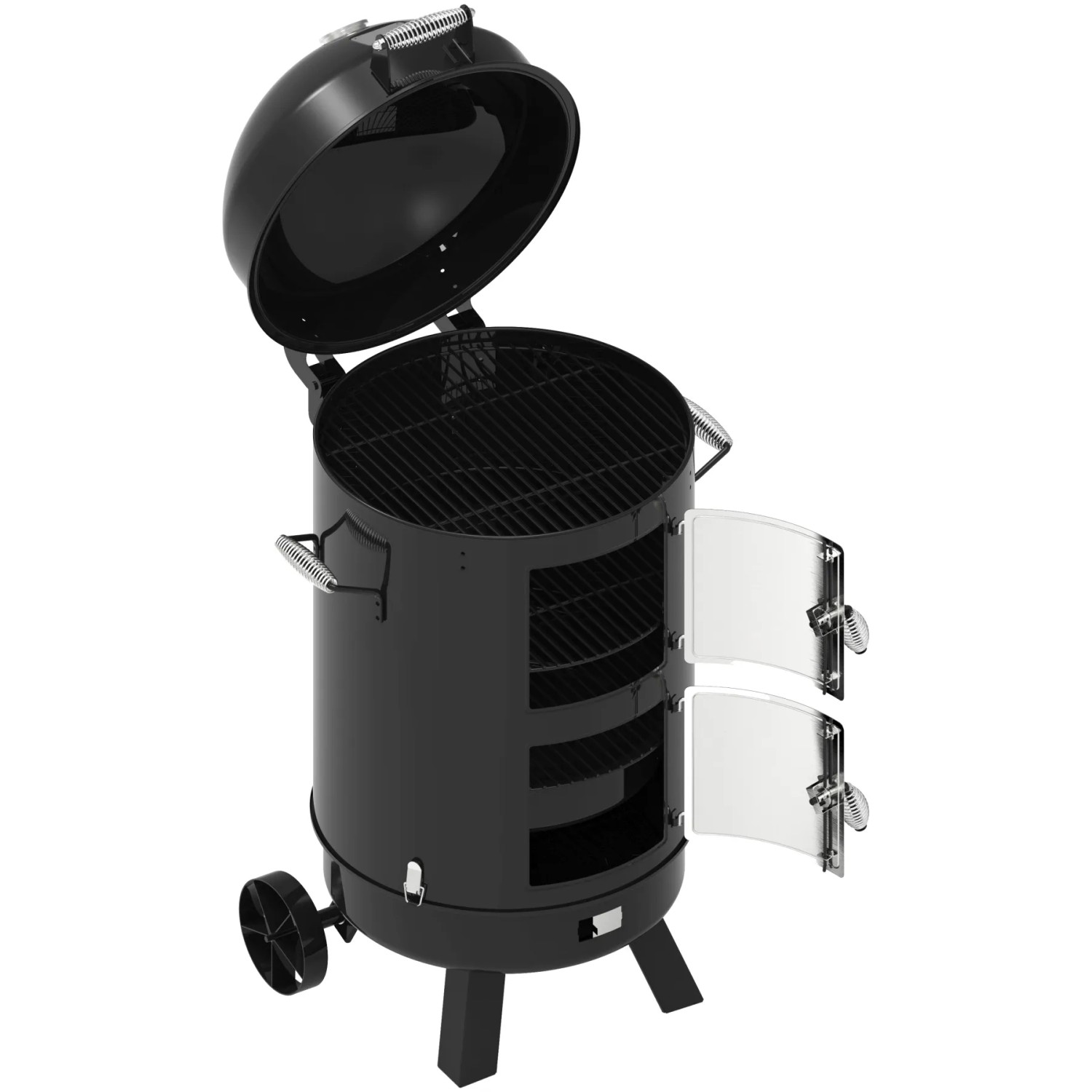 El Fuego Kombigrill Staunton, Vertikalsmoker in Schwarz mit geöffneten Türen und Grillrosten.