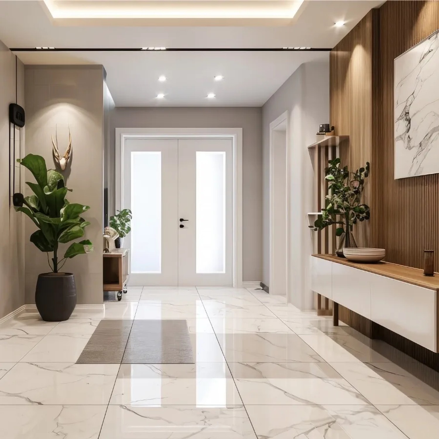 Flur mit LUXULA LED Downlights, die warmes Licht spenden. Runde Einbauspots in Weiß für flexible Beleuchtung.
