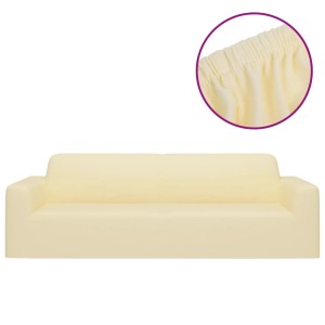 Creme-farbene Stretch Sofahusse für 3-Sitzer Sofa aus Polyester-Jersey.