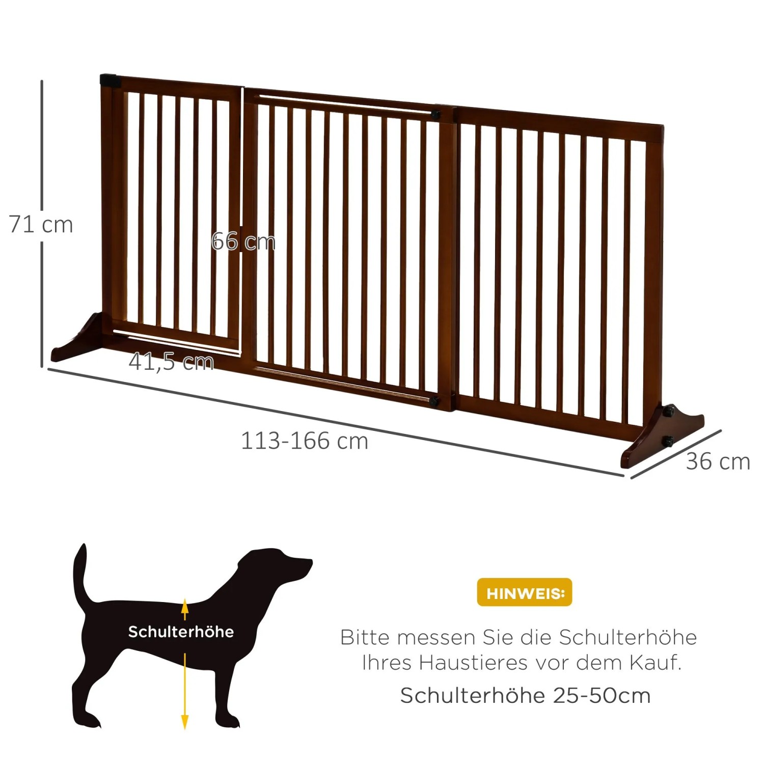 Braunes PawHut Hundeabsperrgitter aus Holz mit Tür, verstellbar 113-166 cm breit, 71 cm hoch. Ideal als Treppenschutzgitter.