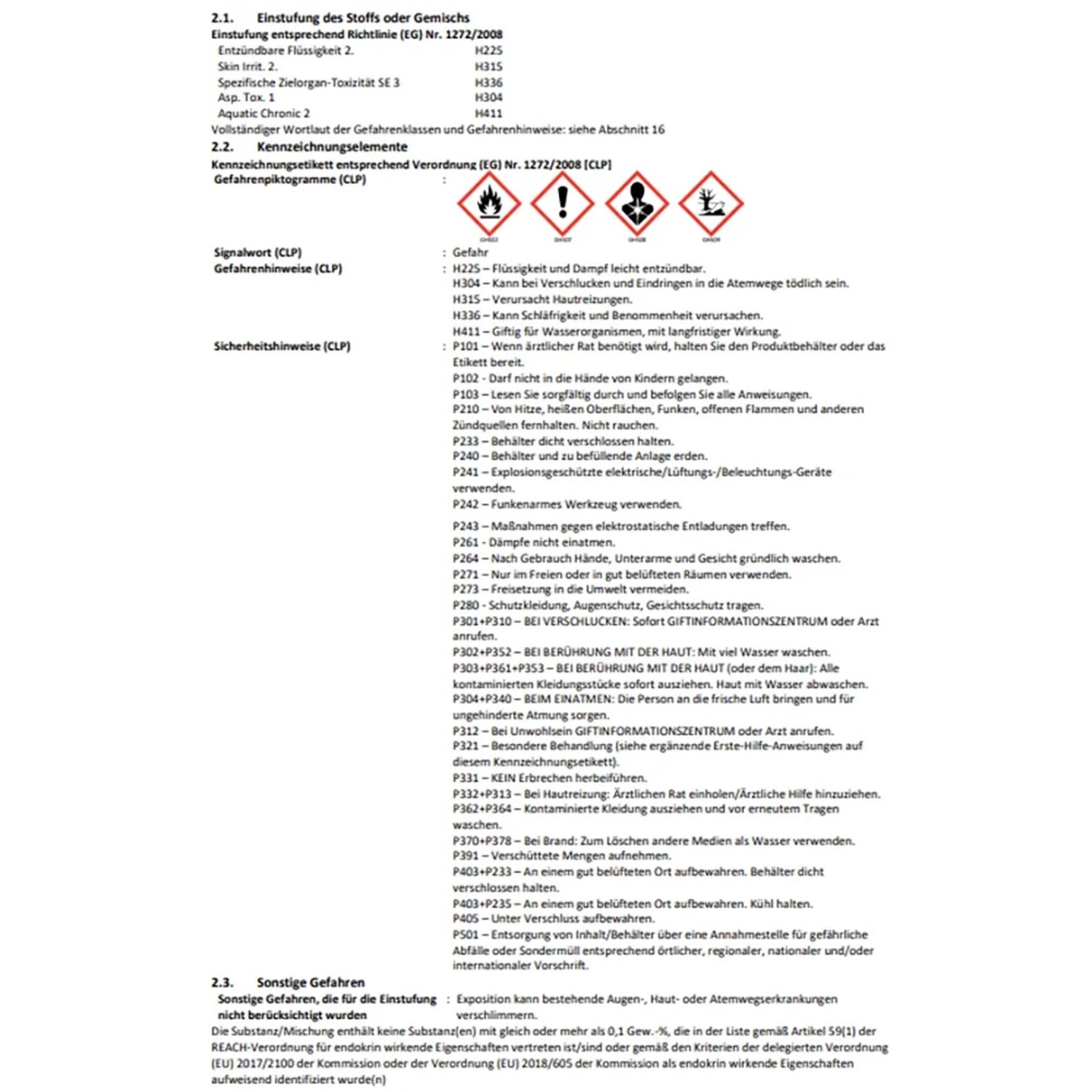 Sicherheitsdatenblatt mit Gefahrenhinweisen und Sicherheitshinweisen (CLP)