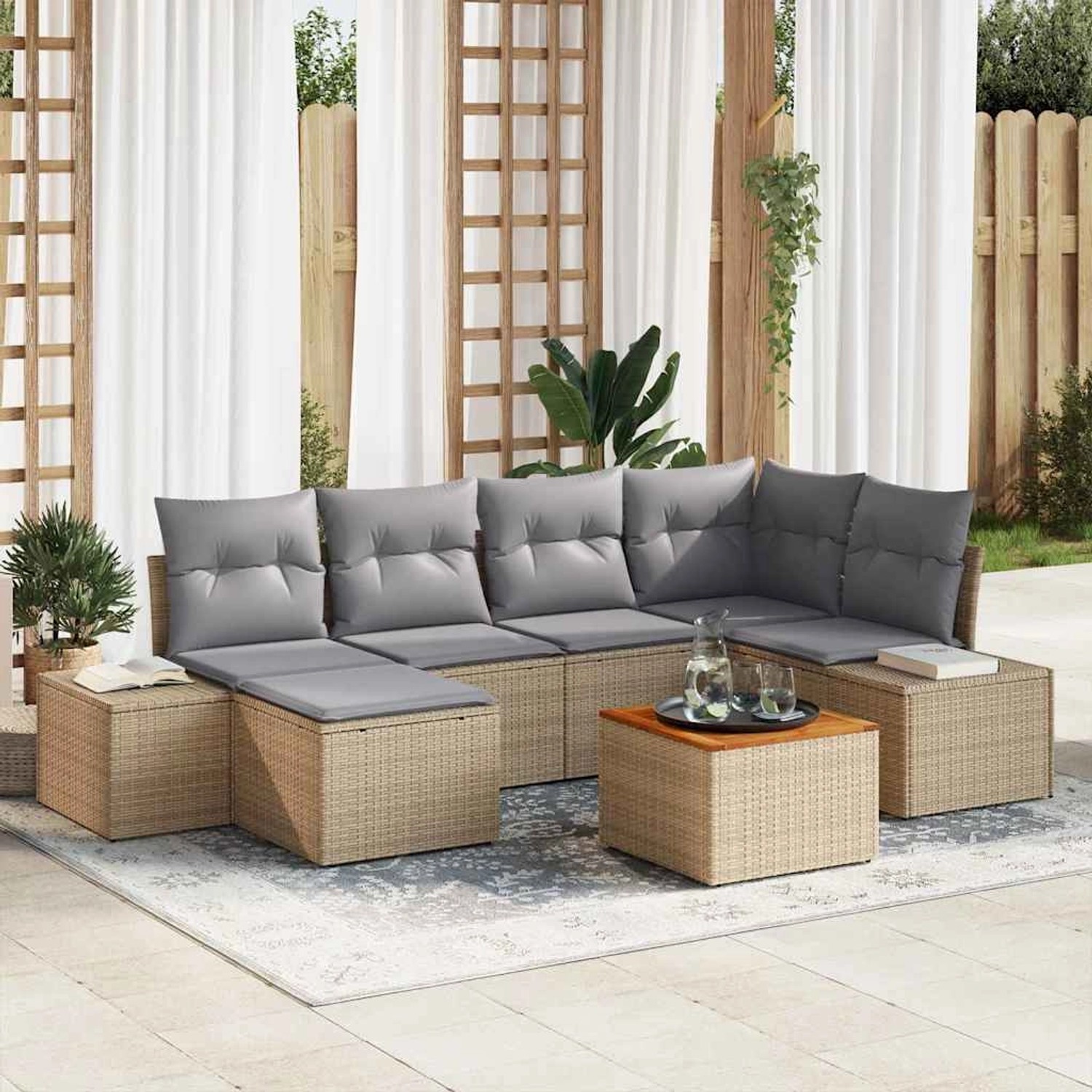 vidaXL Garten-Sofa-Set mit Kissen 7-Tlg Beige Poly Rattan 3347980 günstig online kaufen